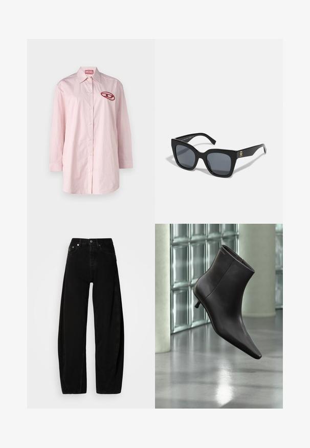 Roze en witte gestreepte lange mouwen shirt met een ronde kraag, voorzijde met knoopsluiting en een rode geborduurde logo op de linkerborst.; Zwarte denim wijde broek met hoge taille, voorzien van een knopenstop, vijf zakken en minimale stikdetails.; Zwarte leren enkellaars met puntige neus en lage hak, afgebeeld tegen een glazen blokkenmuur en gepolijste vloer op de achtergrond.; Zwarte zonnebril met een gedurfde vierkante vorm, voorzien van donkere lenzen en een gouden logo-accent op één arm. Gemaakt van glanzend kunststofmateriaal.