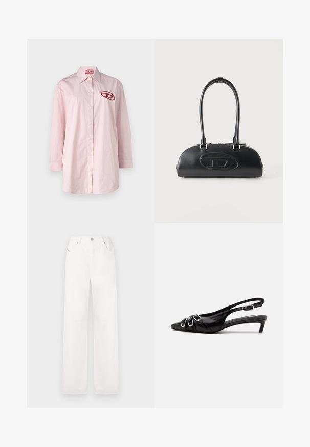 Rosa-weißer gestreifter Langarmshirt mit einem runden Kragen, Knopfverschluss vorne und einem roten gestickten Logo auf der linken Brust.; Weiße Baumwolle-Weitbein-Hosen mit klassischem Fünf-Taschen-Design und Metallknopfverschluss, ausgestattet mit dezenten Stickdetails.; Schwarzer Lederslingback mit spitzer Spitze, drei silbernen Schnallen vorne und niedrigem Kittenabsatz auf weißem Hintergrund.; Schwarze Lederhandtasche mit langen doppelten Griffen und geprägtem ovalem Logo auf der Vorderseite, vor einem schlichten hellen Hintergrund gezeigt.