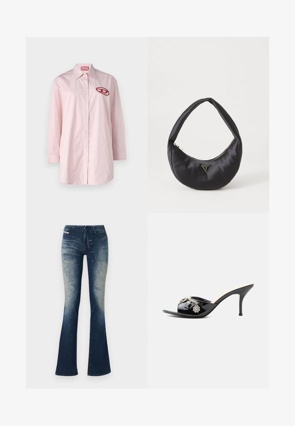 Camisa de manga larga a rayas rosa y blanca con cuello redondeado, cierre frontal de botones y un logo bordado en rojo en el lado izquierdo del pecho.; Jeans de mezclilla acampanados con un lavado azul oscuro y un ligero desvanecimiento, superficie texturizada y cremallera. Diseño de cinco bolsillos con etiqueta de la marca.; Mule de charol negro de tacón alto con punta abierta y adornos decorativos plateados, incluyendo una flor y un candado en la tira delantera.; Bolso de satén negro con forma curva, que cuenta con un cierre de cremallera y un logo triangular en metal en la parte delantera. Textura suave y diseño elegante.