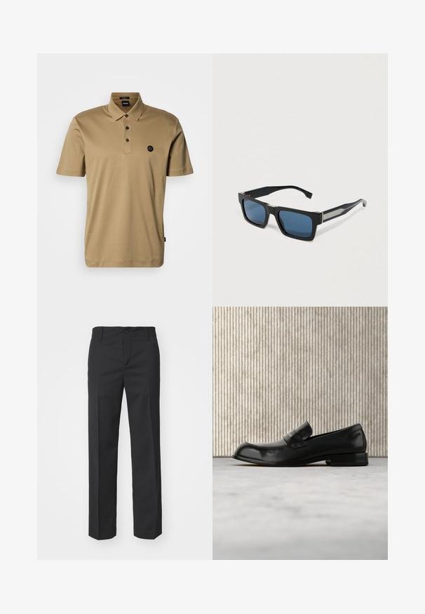 Polo beige en coton doux; comprend une patte à trois boutons et un petit logo noir sur le côté gauche de la poitrine; manches courtes.; Filippa K TROY TROUSERS - Pantalon classique - black; Mocassin en cuir noir avec un accent métallique, présenté en lévitation au-dessus d'un tapis beige, avec une table ronde de couleur ambre en arrière-plan.; Lunettes de soleil rectangulaires noires avec des branches larges et des verres teintés bleu foncé reposant sur une surface claire.