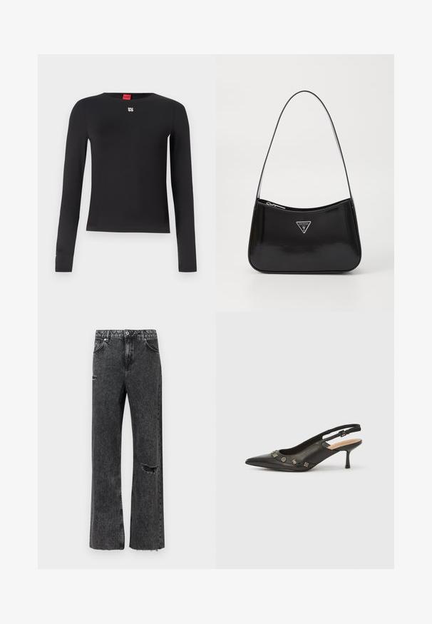Sort langærmet skjorte lavet af glat stof. Har en rund halsudskæring og et lille sølvlogo på brystet. Minimalistisk design.; Vidbenede jeans i vasket sort denim med detaljeret slid ved knæet, opskåret kant og standard knapgylp med lommer.; Sort slingback-pumpe i læder med spids tå, lille hæl og dekorative metalakcenter langs frontåbningen. Glat tekstur.; Sort patenteret læder skuldertaske med en buet form, prydet med et sølvfarvet trekantet logo og en lynlås-lukning. Glat tekstur og slank rem.