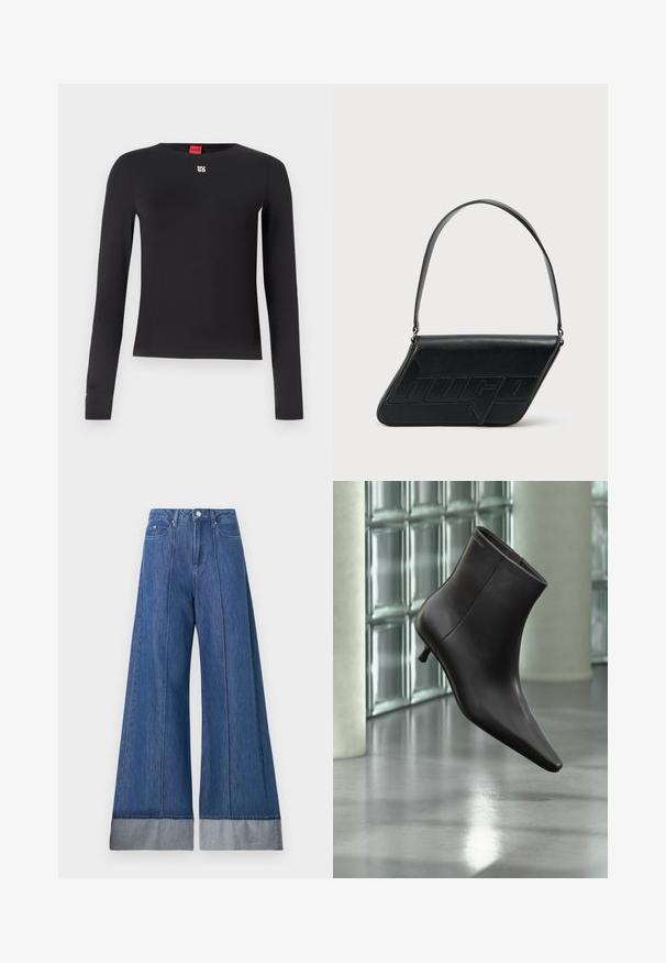 Sort langærmet skjorte lavet af glat stof. Har en rund halsudskæring og et lille sølvlogo på brystet. Minimalistisk design.; Bredde jeans i mellemblå denim med høj talje, to frontlommer og en kontrasterende lysere denim manchet ved kanten.; Sort læderankelstøvle med spids tå og lille hæl vist mod en væg af glasblokke og poleret gulv baggrund.; Sort skuldertaske i læder med trekantet form, præget logo og en enkelt justerbar rem. Minimalistisk design med glat tekstur.