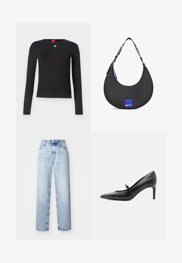 Camisa negra de manga larga hecha de un tejido suave. Presenta un cuello redondo y un pequeño logotipo plateado en el pecho. Diseño minimalista.; Jeans de tiro alto color azul claro con un corte holgado, que cuentan con piernas rectas, cinco bolsillos y un cierre clásico de botones y cremallera.; Zapato de tacón alto de cuero negro con punta puntiaguda, con tira fina y hebilla sobre el empeine, sobre fondo claro y neutro.; Bolso de hombro de cuero negro con una silueta curva, que presenta un acento de logo cuadrado azul y una correa de contraste con texto.