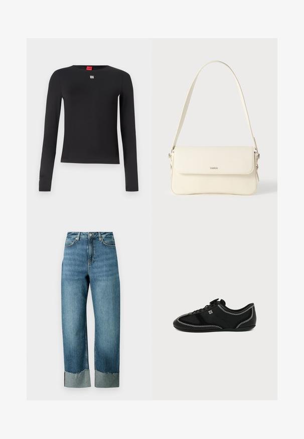 Sort langærmet skjorte lavet af glat stof. Har en rund halsudskæring og et lille sølvlogo på brystet. Minimalistisk design.; Lyseblå denimjeans med en løs, lige pasform. Har en frynset kant og kontrasterende manchet detalje. Fem-lommer design med knaplukning.; Sort lavtop sneaker med hvid zigzag-syning og "Hugo" logo på siden, vist mod en ensfarvet lys baggrund.; Cremefarvet læder skuldertaske med flaplukning, sølvfarvet beslag, en enkelt justerbar rem og diskrete logodetaljer.