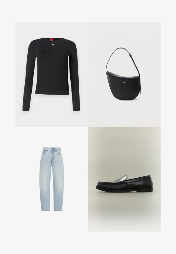 Sort langærmet skjorte lavet af glat stof. Har en rund halsudskæring og et lille sølvlogo på brystet. Minimalistisk design.; Lyseblå jeans med høj talje og lige ben, med knap foran, lynlås, bæltestropper samt for- og baglommer.; Sort læder loafer med moc toe-syning, lav hæl og slip-on design mod en neutral baggrund.; Sort halv-måne skuldertaske i læder med justerbar rem og guld "BOSS"-logo centreret foran.