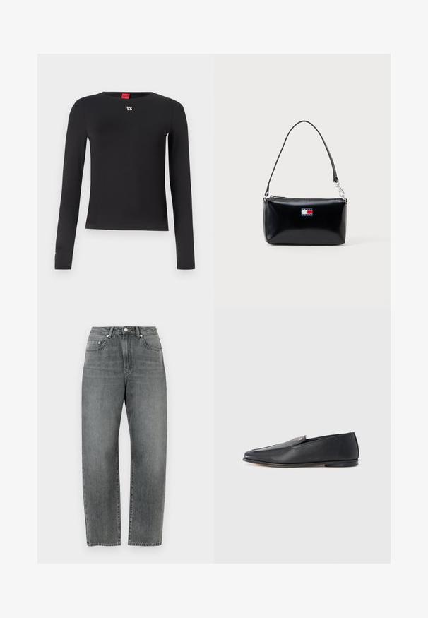 Sort langærmet skjorte lavet af glat stof. Har en rund halsudskæring og et lille sølvlogo på brystet. Minimalistisk design.; Grå denimjeans har en lige ben-snit, klassisk design med fem lommer og metalknapdetaljer foran.; Sorte læderloafers med en glat tekstur, rundet tå og subtile syningsdetaljer. Har en guldfarvet logoaccent på oversiden.; Sort rektangulær skuldertaske med kort rem og Tommy Jeans-logo i rød, hvid og blå på fronten i midten.