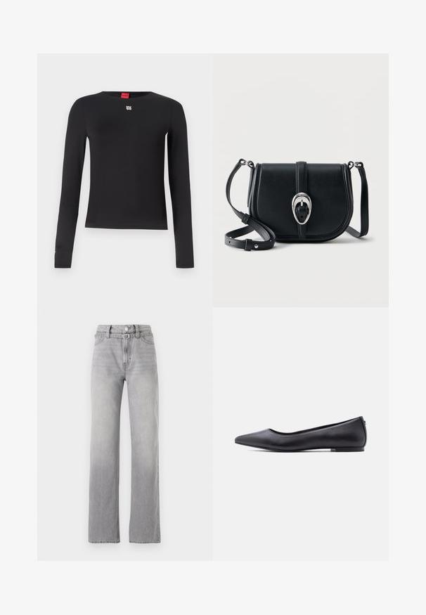 Camisa negra de manga larga hecha de un tejido suave. Presenta un cuello redondo y un pequeño logotipo plateado en el pecho. Diseño minimalista.; Jeans de mezclilla gris claro con una cintura alta, diseño de pierna recta, desgaste sutil y estilo clásico de cinco bolsillos. Cierre de botón metálico y cremallera.; Zapato plano de cuero negro con punta puntiaguda y tacón bajo, mostrado de perfil contra un fondo blanco.; Bolso bandolera de cuero negro con acabado texturizado, hebilla ovalada plateada y correa ajustable sobre fondo blanco.