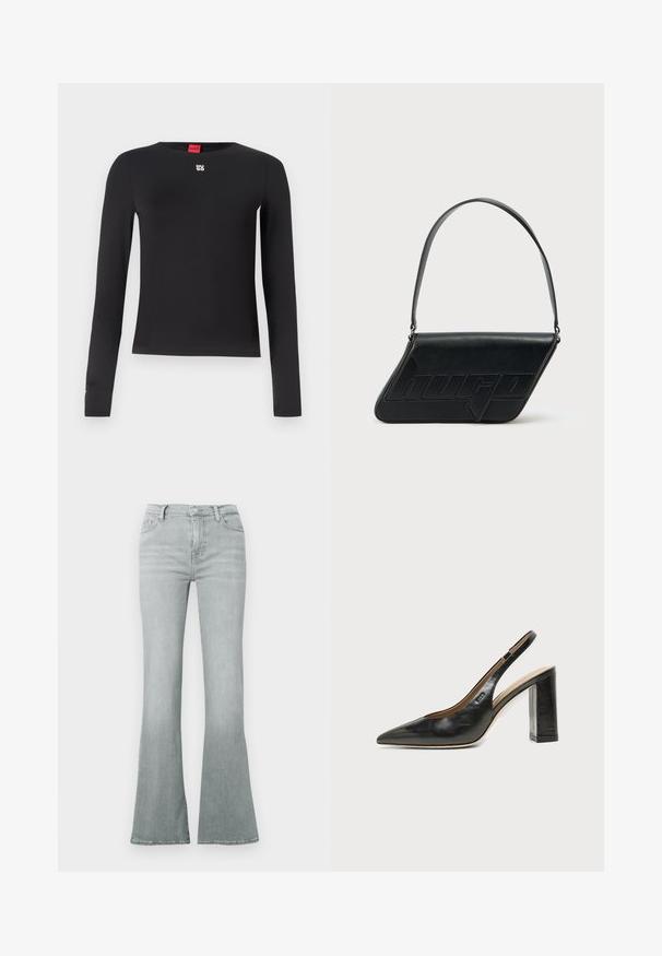 Sort langærmet skjorte lavet af glat stof. Har en rund halsudskæring og et lille sølvlogo på brystet. Minimalistisk design.; Lysegrå flared jeans lavet af denim, med høj talje, fem-lomme design og en glat tekstur med subtil falmning.; Sort læder peep-toe slingback sko med høj blokhæl og beige indvendig foring mod en ensfarvet lys baggrund.; Sort skuldertaske i læder med trekantet form, præget logo og en enkelt justerbar rem. Minimalistisk design med glat tekstur.