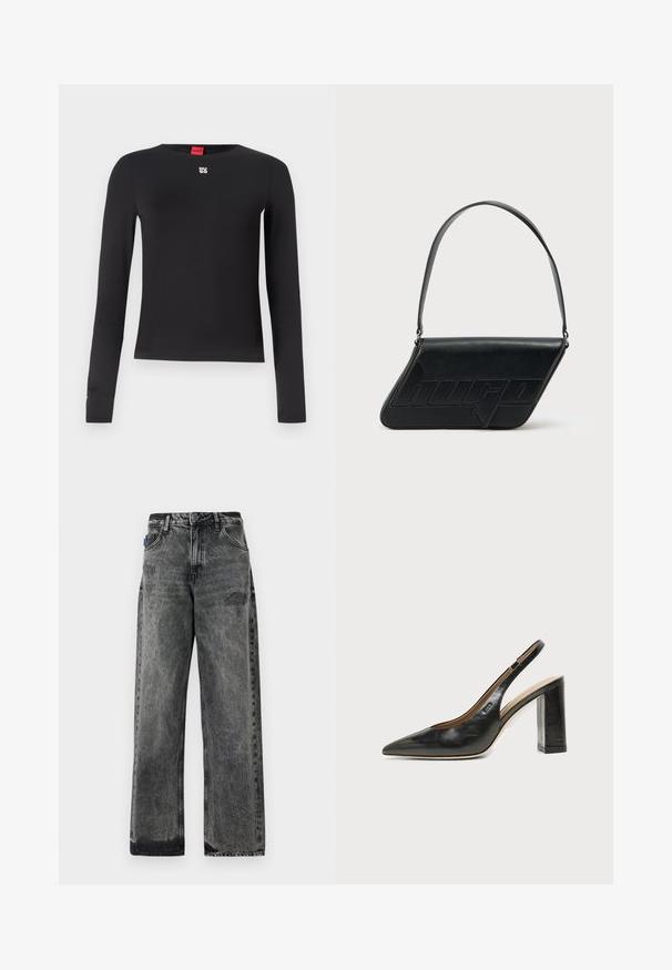 Sort langærmet skjorte lavet af glat stof. Har en rund halsudskæring og et lille sølvlogo på brystet. Minimalistisk design.; Bredde ben sorte denimjeans med en falmet vask, slidte detaljer foran og standard fem-lomme design.; Sort læder peep-toe slingback sko med høj blokhæl og beige indvendig foring mod en ensfarvet lys baggrund.; Sort skuldertaske i læder med trekantet form, præget logo og en enkelt justerbar rem. Minimalistisk design med glat tekstur.