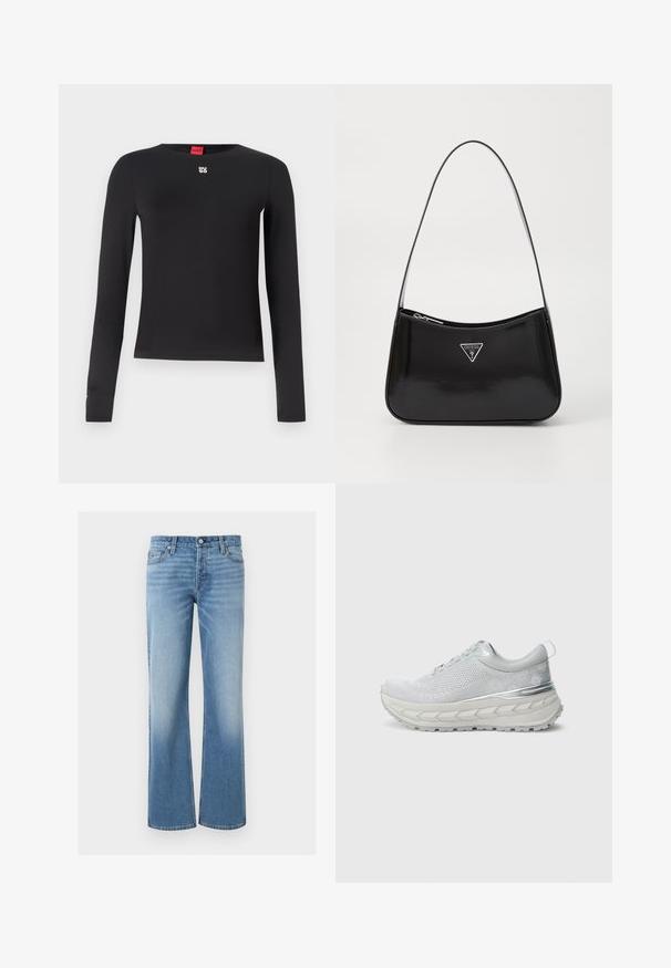 Sort langærmet skjorte lavet af glat stof. Har en rund halsudskæring og et lille sølvlogo på brystet. Minimalistisk design.; Lyseblå denimjeans med højtaljet, forknap og lynlåslukning, fem lommer og vidde ben.; Grå strikket sneaker med tekstureret overdel, sølvdetaljer, tyk hvid mellemsål og tekstureret gummiydersål. Inkluderer en trækstrop på hælen.; Sort patenteret læder skuldertaske med en buet form, prydet med et sølvfarvet trekantet logo og en lynlås-lukning. Glat tekstur og slank rem.