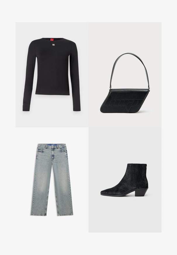 Sort langærmet skjorte lavet af glat stof. Har en rund halsudskæring og et lille sølvlogo på brystet. Minimalistisk design.; Lyseblå jeans med vide ben lavet af denim, med udvaskede områder, fem lommer og en blå mærket taljebånd.; Sort ankelstøvle med spidse tæer, tekstureret håragtigt materiale, ribbet sidepanel og en lav, firkantet hæl. Simpelt og moderne design.; Sort skuldertaske i læder med trekantet form, præget logo og en enkelt justerbar rem. Minimalistisk design med glat tekstur.