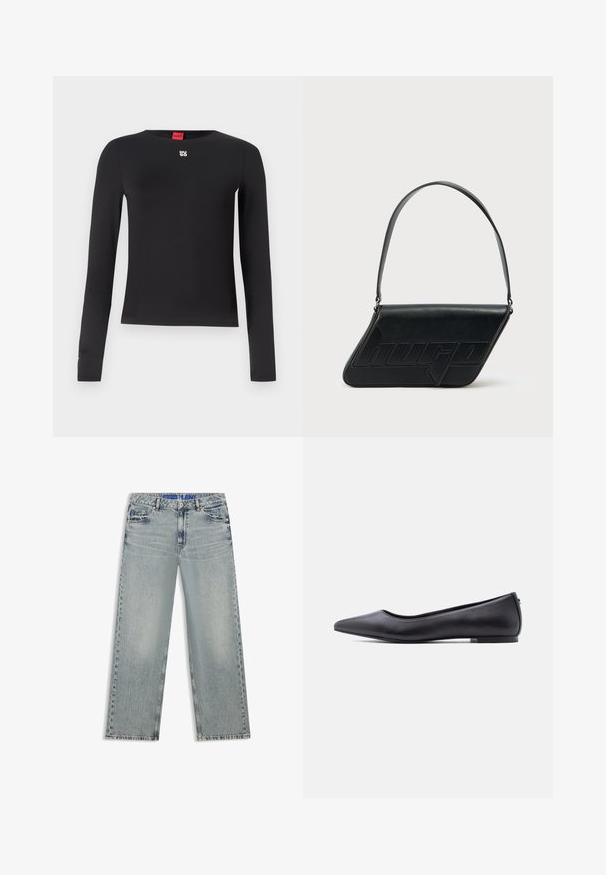 Sort langærmet skjorte lavet af glat stof. Har en rund halsudskæring og et lille sølvlogo på brystet. Minimalistisk design.; Lyseblå jeans med vide ben lavet af denim, med udvaskede områder, fem lommer og en blå mærket taljebånd.; Sort flad lædersko med spidst tåparti og lav hæl, vist i sideprofil mod en hvid baggrund.; Sort skuldertaske i læder med trekantet form, præget logo og en enkelt justerbar rem. Minimalistisk design med glat tekstur.