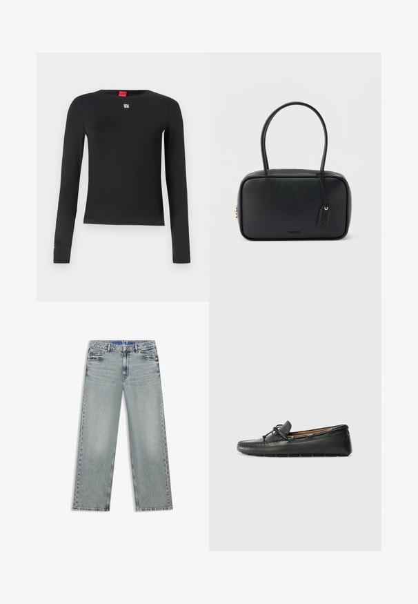 Sort langærmet skjorte lavet af glat stof. Har en rund halsudskæring og et lille sølvlogo på brystet. Minimalistisk design.; Lyseblå jeans med vide ben lavet af denim, med udvaskede områder, fem lommer og en blå mærket taljebånd.; Sorte læder bådsko med afrundet tå, stikninger, lille sløjfedetalje og gummisål. Glat tekstur og strømlinet design.; Sort rektangulær håndtaske med dobbelte runde håndtag, gylden lynlås og præget "HUGO"-logo foran med fastgjort lædermærke.