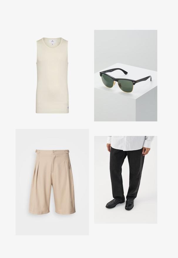 Top sin mangas de color beige claro, hecho de tela acanalada, con escote redondo y una pequeña etiqueta en el dobladillo. Diseño simple y ajustado.; Pantalones cortos beige con pliegues y un diseño a medida, que presentan una textura suave y bolsillos laterales, asegurados con una cremallera oculta en la cintura.; Pantalones de mezclilla negros combinados con mocasines negros brillantes. La camisa es blanca con finas rayas verticales, de mangas largas y con cuello abotonado.; Gafas de sol Ray-Ban con lentes verdes, montura de plástico negro y acentos dorados en los bordes. Forma cuadrada con acabado mate.