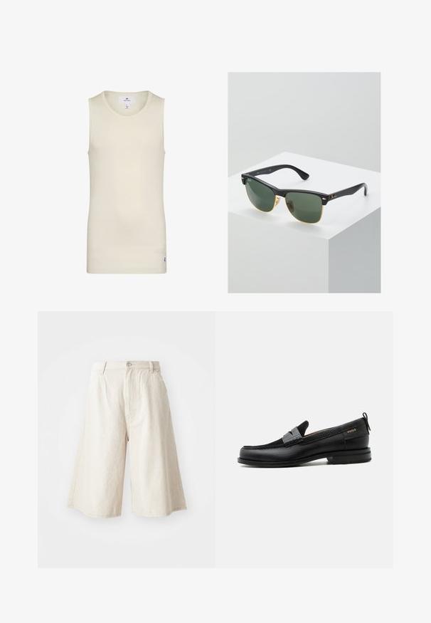 Lys beige sansærmet top lavet af ribbet stof med rund halsudskæring og et lille label ved kanten. Enkel og tætsiddende design.; Beige vidde shorts i bomuld med lige snit, forlommer og synlig knaplukning i taljen.; Sort læderloafer med grå remdetalje, lav hæl og tekstureret sål, mærket med "HUGO" i guld på siden.; Ray-Ban solbriller med grønne linser, sorte plastikstel og gyldne detaljer ved kanterne. Firkantet form med mat finish.