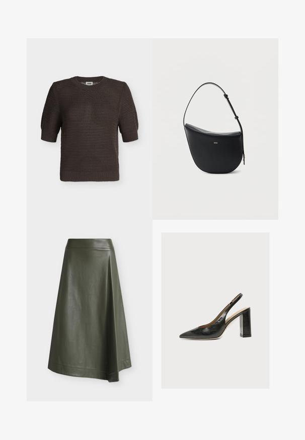 Pull en maille marron foncé à manches courtes avec un col rond et des poignets et un ourlet côtelés, présenté sur fond blanc.; Jupe midi en similicuir vert olive avec une taille ajustée et une légère forme évasée sur fond uni.; Chaussure slingback femme en cuir noir avec bout pointu et talon bloc épais et haut sur fond blanc.; Sac à bandoulière en cuir noir en forme de demi-lune avec une bandoulière réglable et le logo doré « BOSS » centré sur le devant.