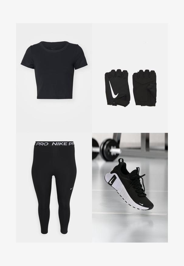Zwart cropped T-shirt gemaakt van zachte, rekbare stof. Beschikt over een ronde halslijn en korte mouwen met een eenvoudig ontwerp.; Zwarte sportleggingen met een getailleerd ontwerp, elastische tailleband met "NIKE PRO" in het wit en een klein wit Nike-logo nabij de heup.; Zwarte sportschoen met een textuurstof bovenwerk, witte zool en een opvallend vetersysteem. Voorzien van een Nike-logo en een zacht, gedempt ontwerp.; Zwarte vingerloze fitnesshandschoenen van ademend materiaal, met een wit Nike-logo, gevoerde handpalmen en een open polsontwerp voor flexibiliteit.