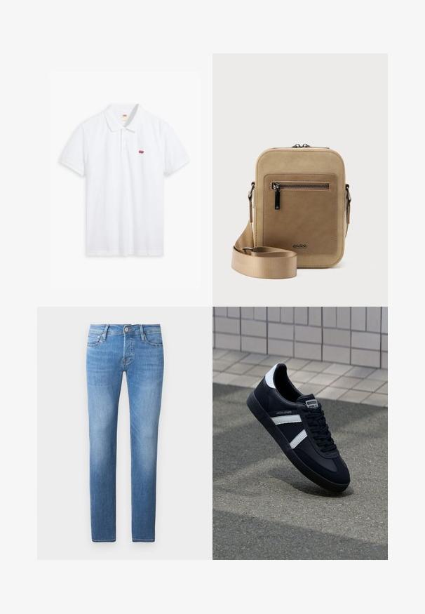 Polo blanco hecho de algodón. Presenta una tapeta de tres botones, mangas cortas y un pequeño logo rojo de Levi's en el lado izquierdo del pecho.; Vaqueros de mezclilla azul claro con corte recto, que cuentan con un cierre de botón y cremallera, cinco bolsillos y un desgaste sutil.; Zapatilla de cuero negra con rayas blancas, suela de goma texturizada y parte frontal con cordones. Cuenta con una etiqueta de marca en la lengüeta.; Bolso pequeño beige tipo bandolera con bolsillo frontal con cremallera, logo metálico de ALDO, correa ancha ajustable y forma rectangular redondeada sobre fondo blanco.