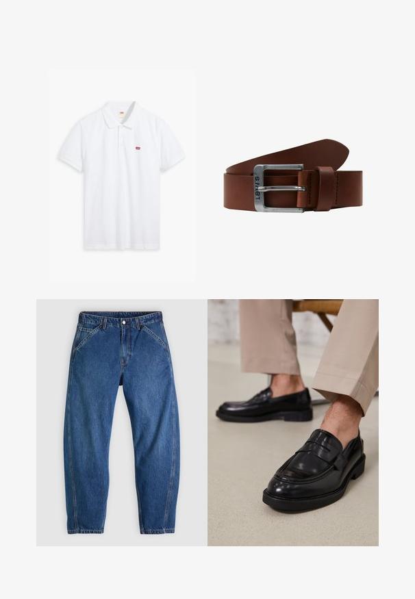 White polo shirt made of cotton. Features a three-button placket, short sleeves, and a small red Levi's logo on the left chest.; Blue denim jeans with a relaxed fit, featuring a button closure, five pockets, and contrasting orange stitching. Smooth texture throughout.; Black leather loafers with a smooth finish, featuring a decorative strap and contrast stitching, paired with beige trousers.; Brown leather belt with a rectangular silver metal buckle. The belt features a smooth texture and subtle stitching detail along the edges.