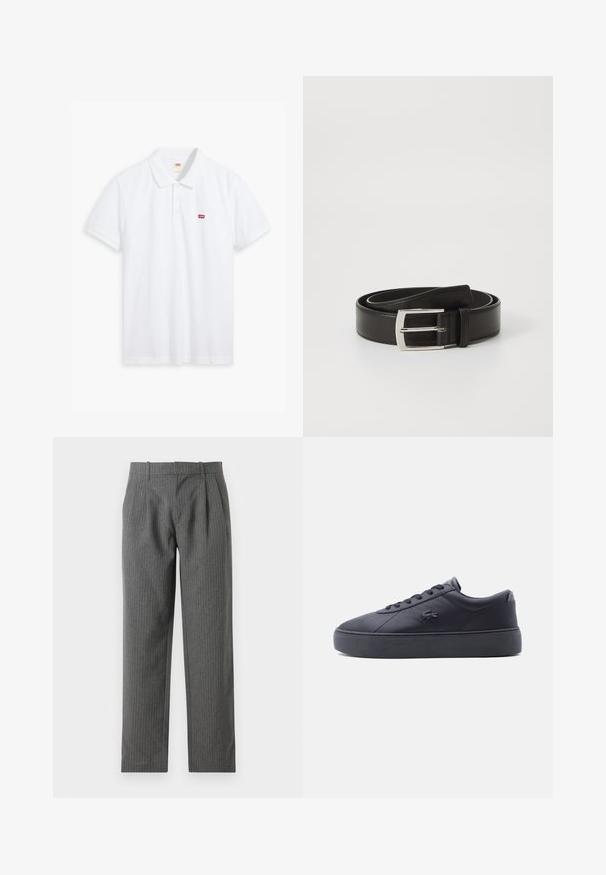 Valge puuvillane polo särk. Omab kolme nupuga rindel sulgemist, lühikesi varrukaid ja väikest punast Levi's logo vasakul rinnal.; Halljah, triibulisest kangast püksid. Omavad kõrget vööd koos voltidega ja sirget lõikejoont.; Mustast nahast madala säärega tennisejalats paksu tallaga, ees paeltega kinnitatav ja küljel krokodillilogoga, vaadatuna välisküljelt.; Must mustrihhäb, millel on sile tekstuur, ruudukujuline hõbedane metallist pandla ja klassikaline disain.