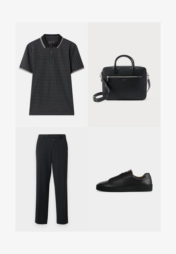 Zwarte poloshirt met een herhaald "MK"-patroon, korte mouwen, drie knopen bij de kraag en contrasterende gestreepte afwerking op de kraag.; Zwarte broek met een rechte pasvorm, gemaakt van gladde stof. Voorzien van een knoopsluiting aan de voorkant en subtiele stikdetails. Eenvoudig ontwerp zonder patronen.; Zwarte lage leren sneaker met zwarte veters, gestructureerde rubberen zool en klein geperst logo aan de zijkant, zijaanzicht tegen een grijze achtergrond.; Zwart gestructureerde rechthoekige leren aktetas met dubbele handvatten, voorvak met rits en verstelbare schouderriem, weergegeven op witte achtergrond.