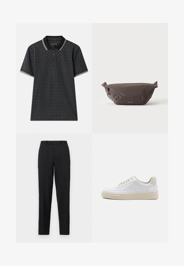 Sort polo T-shirt med et gentaget "MK" mønster, korte ærmer, tre knapper ved kraven og kontrasterende stribet kant ved kraven.; Theory STRAIGHT - Bukser - deep black; Hvide sneakers med en glat læderoverdel, beige snørebånd og en tekstureret beige ruskindsheel-tab. Hævet sål for ekstra højde.; Mørkebrun stof talje taske med diagonalt lynlåslomme og lille hvidt logo på fronten, sat mod en ensfarvet lys baggrund.