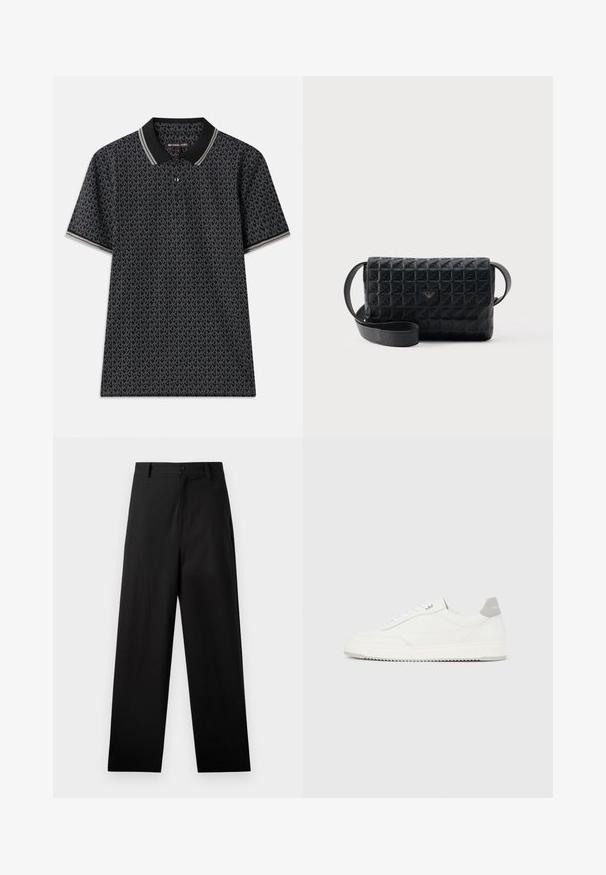 Zwarte poloshirt met een herhaald "MK"-patroon, korte mouwen, drie knopen bij de kraag en contrasterende gestreepte afwerking op de kraag.; Zwarte broek van katoen met een rechte pijpdesign, voorzien van een sluiting met een knoop aan de voorkant en zijzakken. Gladde textuur, geen patronen.; Witte lage sneaker met grijze hielpatch, witte veters en een gestructureerde zool, gepresenteerd op een effen lichte achtergrond.; Zwarte crossbodytas met een gestructureerd oppervlak, een klepsluiting en een klein metalen logo aan de voorkant, afgebeeld tegen een effen achtergrond.