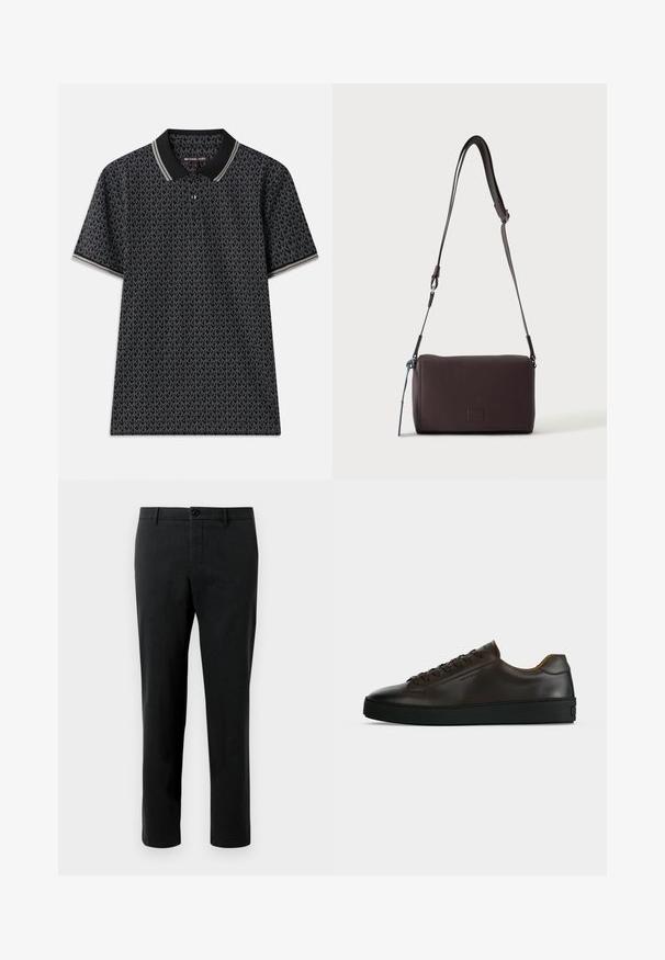 Schwarzes Polohemd mit einem wiederholten "MK"-Muster, kurzen Ärmeln, drei Knöpfen am Kragen und kontrastierendem gestreiftem Besatz am Kragen.; Schwarze Hosen aus Stoff mit glatter Textur, im klassischen Schnitt, mit Knopfverschluss und Seitentaschen. Keine Muster oder Akzente.; Flach geschnittener dunkelbrauner Ledersneaker mit schwarzer Gummisohle, Schnürung vorne und schlicht-minimalistischem Design auf hellem Hintergrund.; Dunkelbraune, strukturierte Leder-Crossbody-Tasche mit verstellbarem Riemen und kleinem dekorativen blauen Akzent an der Seite.