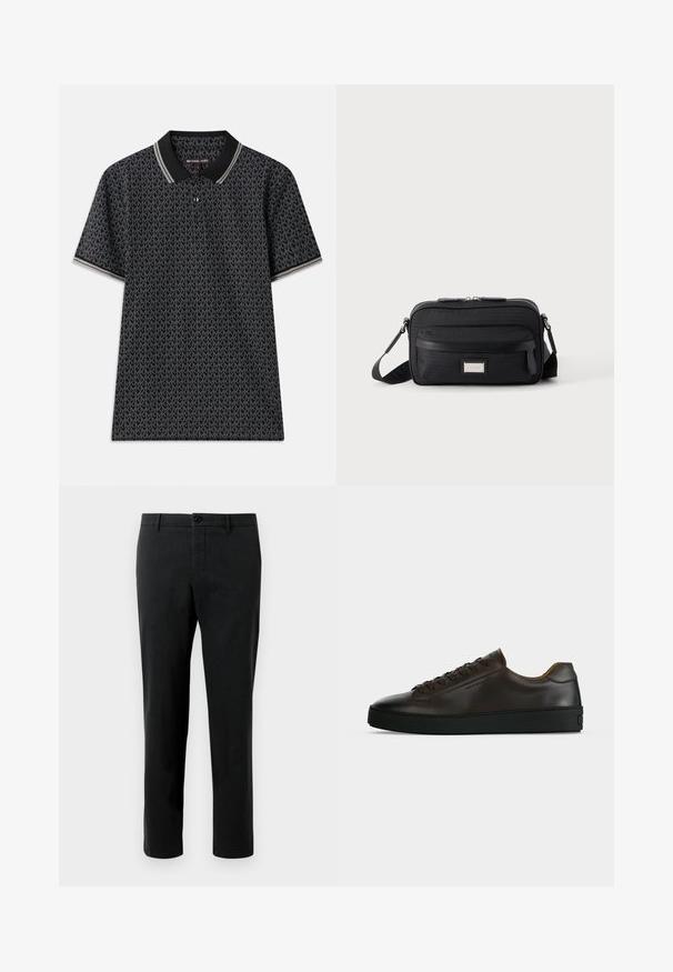 Schwarzes Polohemd mit einem wiederholten "MK"-Muster, kurzen Ärmeln, drei Knöpfen am Kragen und kontrastierendem gestreiftem Besatz am Kragen.; Schwarze Hosen aus Stoff mit glatter Textur, im klassischen Schnitt, mit Knopfverschluss und Seitentaschen. Keine Muster oder Akzente.; Flach geschnittener dunkelbrauner Ledersneaker mit schwarzer Gummisohle, Schnürung vorne und schlicht-minimalistischem Design auf hellem Hintergrund.; Schwarze rechteckige Umhängetasche mit vorderer Reißverschlusstasche, verstellbarem Riemen und silberner rechteckiger Logo-Plakette auf einfarbigem Hintergrund.