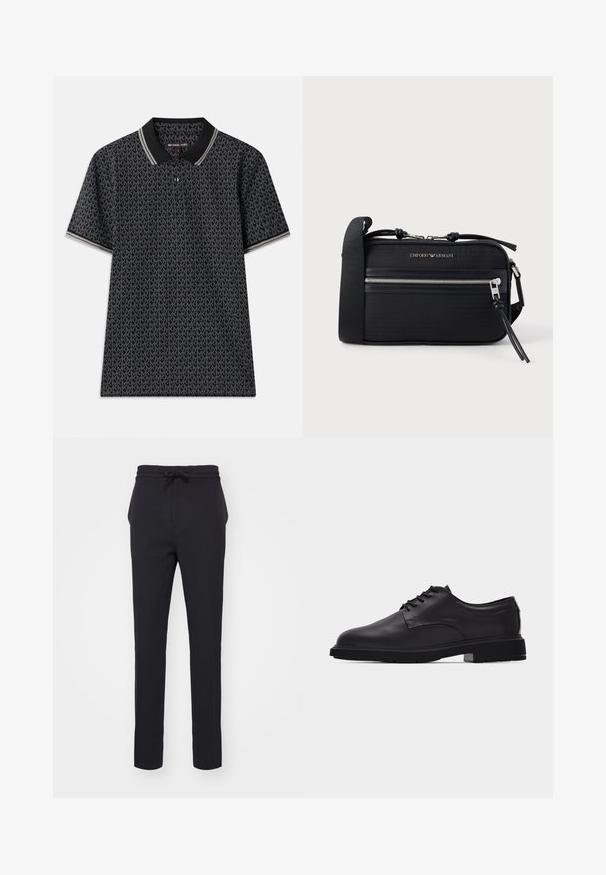 Sort polo T-shirt med et gentaget "MK" mønster, korte ærmer, tre knapper ved kraven og kontrasterende stribet kant ved kraven.; Sorte, tætsiddende bukser lavet af et blødt stof. Har en elastisk talje med snore og sidelommer med en glat overflade.; Sort herresko i læder med snørebånd, glat finish og tyk gummisål vist fra siden på hvid baggrund.; Sort nylon crossbody-taske med sølvfarvet hardware, en lynlås i toppen, frontlomme og præget logo. Justerbar rem inkluderet.