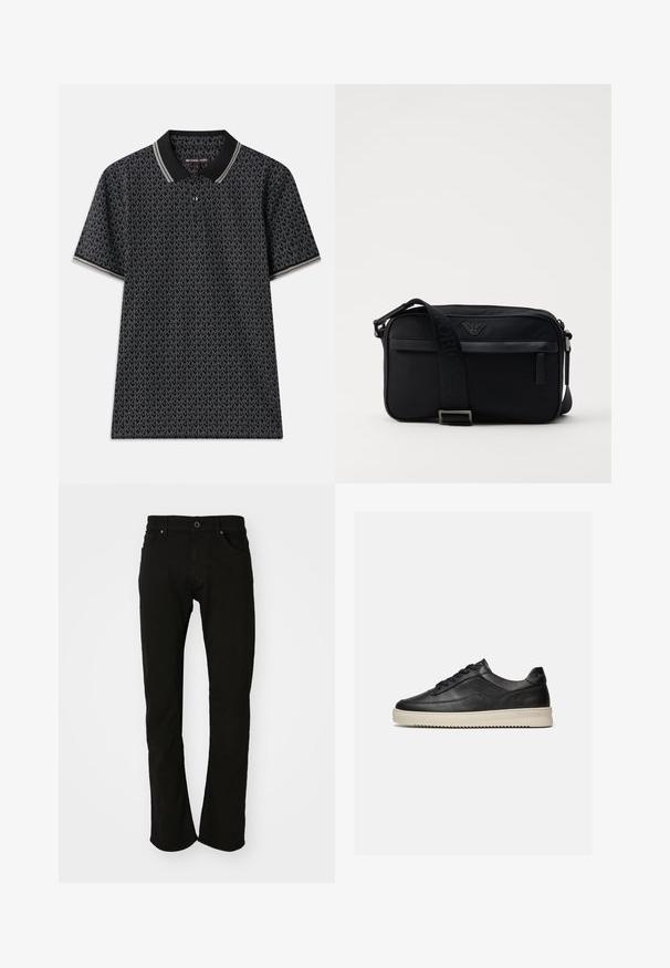 Sort polo T-shirt med et gentaget "MK" mønster, korte ærmer, tre knapper ved kraven og kontrasterende stribet kant ved kraven.; Sorte denim jeans med lige ben, der har et klassisk taljebånd, for- og baglommer samt en glat tekstur. Ingen synlige mønstre eller detaljer.; Sort lavtop lædersneaker med sorte snørebånd og en tyk off-white gummisål, vist på en hvid baggrund.; Sorte nylon skuldertaske med en kontrasterende rem, slank rektangulær form, logo detaljer og en lynlåslomme på forsiden.