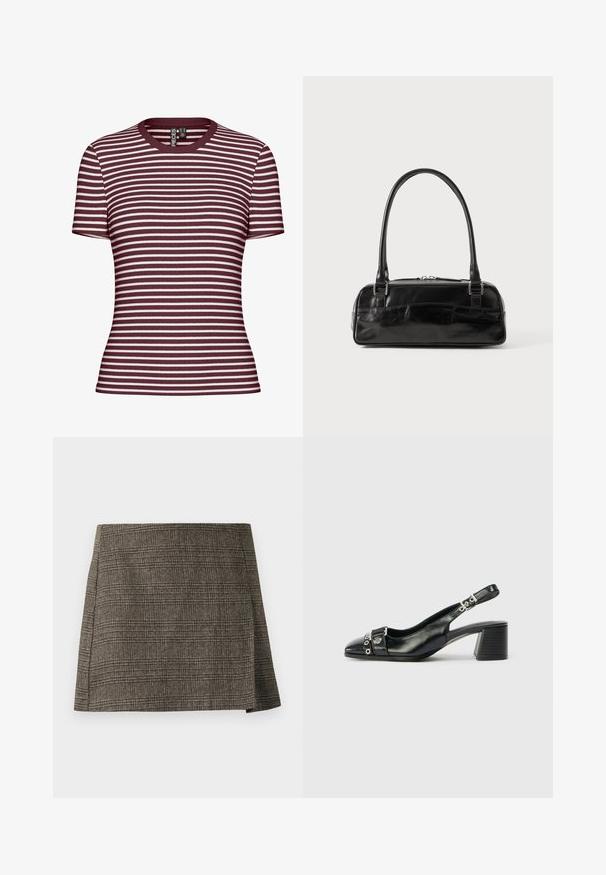 Kortærmet stribet t-shirt i bordeaux og hvid, med ribbet tekstur og rund halsudskæring.; Brun og grå plaid mini nederdel med subtilt sidesnit, lige snit og tekstureret stof.; Sorte læder slingback hæl med spids tå, tekstureret rem med cirkulære metalliske accenter, og en stablet blokhæl.; Sort læderhåndtaske med rektangulær form, der har et enkelt struktureret håndtag, sølvhardware og lynlås-lukning. Glat tekstur.