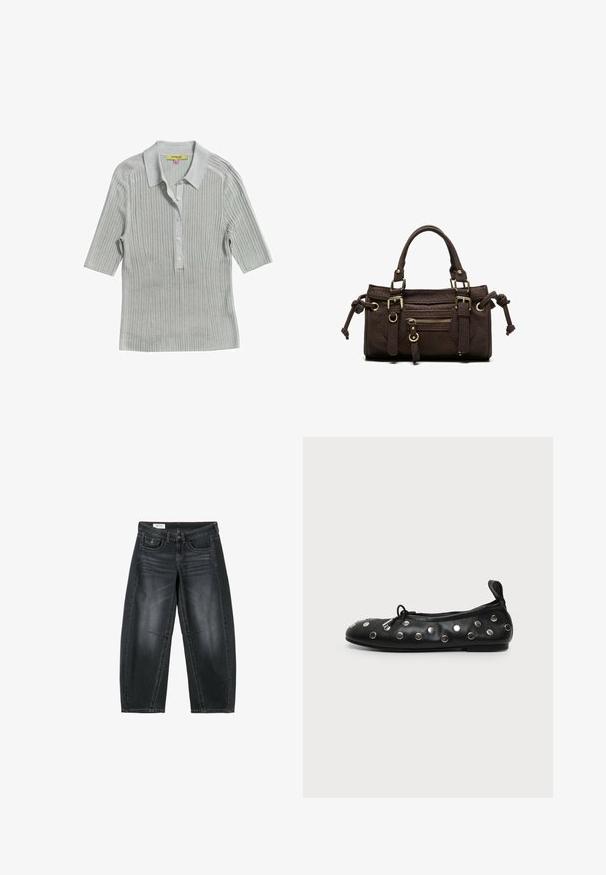 Polo à manches courtes côtelé gris clair avec col et quatre boutons sur la patte de boutonnage devant.; Jean large court noir avec poches avant, fermeture par boutons et détails décolorés subtils au niveau des cuisses et des genoux.; Ballerine plate en cuir noir avec des clous argentés, petit nœud à l'avant et un onglet à l'arrière, vue de côté sur un fond uni.; Sac à main en cuir marron foncé avec double poignée, poche avant zippée, boucles décoratives et nœuds latéraux sur fond blanc.