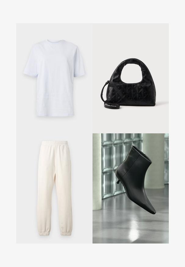 Camiseta blanca de algodón con mangas cortas, escote redondo y un pequeño logo situado cerca del cuello. Tejido suave, corte holgado.; Pantalones de chándal color crema con cinturilla y puños elásticos, mostrados extendidos sobre un fondo claro.; Botín negro de cuero con punta puntiaguda y tacón bajo estilo kitten, mostrado en ángulo sobre un suelo pulido y con una pared de bloques de vidrio de fondo.; Bolso de mano de piel negra con un asa curva en la parte superior, un sutil patrón de diamantes y una correa desmontable. La textura es suave con detalles en relieve.