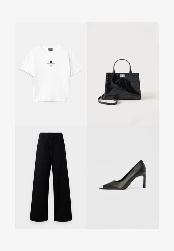 Weißes Baumwoll-T-Shirt mit lockerer Passform, das in der Mitte einen schwarzen Grafikdruck zeigt, der Text und ein Silhouetten-Design umfasst.; Schwarze Hosen mit weiter Beinform aus Baumwolle, mit hoher Taille, Fronttaschen und einem klaren, schlichten Design mit minimalen Nähdetails.; Schwarzer Lederschuh mit hohem Absatz, spitz zulaufender Zehenpartie und metallischer silberner Spitze. Verfügt über eine glatte Oberfläche und einen schlanken 10 cm hohen Absatz.; Schwarze Handtasche aus Lackleder mit abgerundeten Griffen, abnehmbarem Schulterriemen und silberner Verschlussklammer auf einfachem weißem Hintergrund.