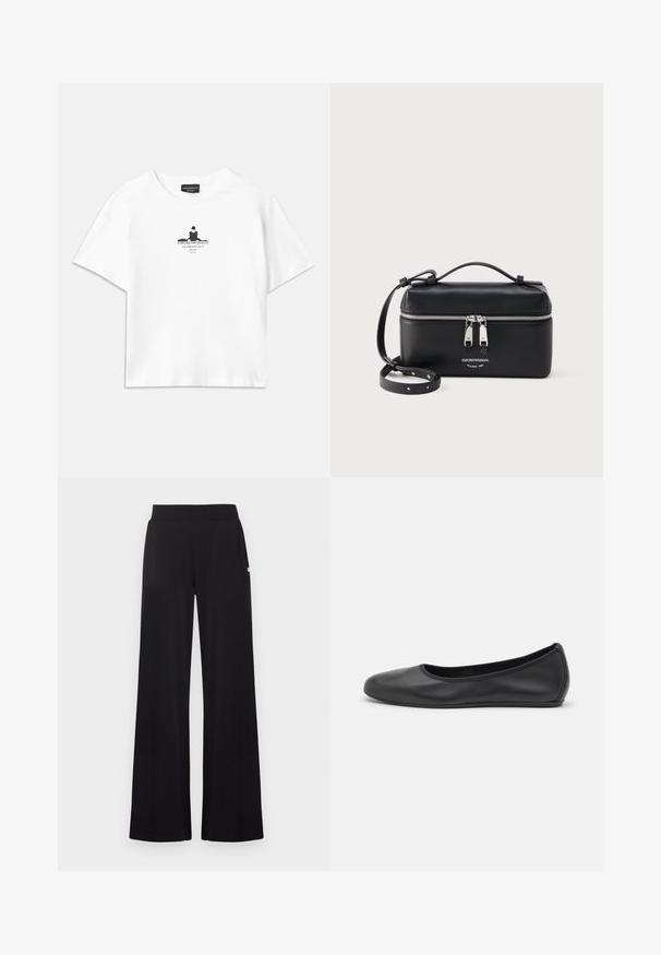 Weißes Baumwoll-T-Shirt mit lockerer Passform, das in der Mitte einen schwarzen Grafikdruck zeigt, der Text und ein Silhouetten-Design umfasst.; Schwarze Hosen mit weitem Bein und einem taillierten Bund, gefertigt aus einem glatten Stoff. Verfügen über dezente seitliche Taschen und minimale Hardware-Akzente.; Schwarze Leder-Ballettschuhe mit abgerundeter Spitze, glatter Textur, minimalen Nähdetails und einem flexiblen Sohlen-Design.; Schwarze rechteckige Leder-Umhängetasche mit silbernem Doppelreißverschluss und verstellbarem Gurt, versehen mit dem Emporio Armani-Logo und dem Text Milano 1981.