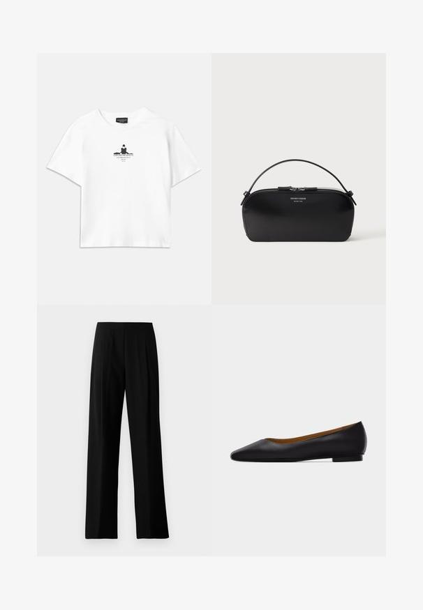 T-shirt en coton blanc avec une coupe ample, présentant une impression graphique noire au centre incluant du texte et un design en silhouette.; Pantalons noirs à jambe large en tissu lisse, dotés d'une taille plate et de plis sur le devant pour un look soigné. Pas de matériel ni de motifs visibles.; Chaussure plate en cuir noir à bout pointu avec talon bas et finition lisse, vue de côté sur un fond gris clair.; Petit sac bracelet en cuir noir avec fermeture éclair argentée et poignée courte, logo Emporio Armani Milano 1981 embossé sur le devant.