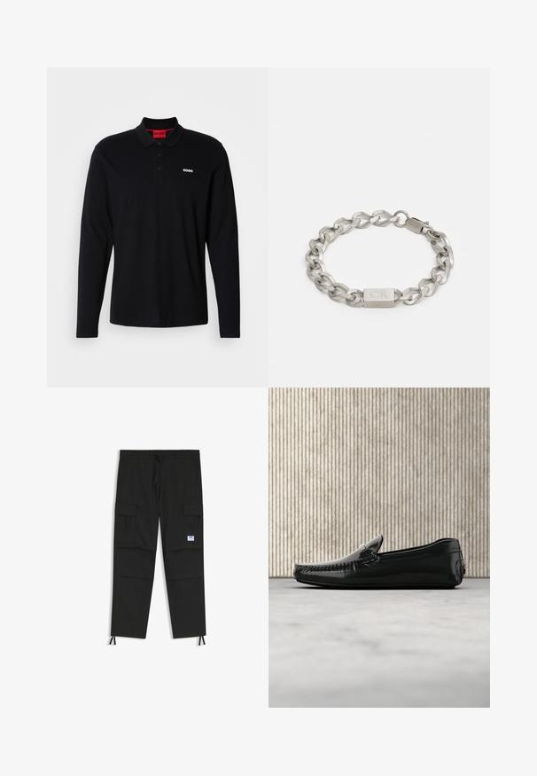 Camisa polo negra de manga larga hecha de algodón, con un cuello rojo y una tapeta de tres botones, y un logo blanco "HUGO" en el pecho.; Pantalones cargo negros con cintura de cordón, bolsillos con solapa en los muslos, puños elásticos con cordones y pequeño parche con logo en la pierna derecha.; Mocasines de cuero negro con un acabado brillante, punta redonda y herrajes decorativos en la parte delantera. Suela de goma de bajo perfil. Textura suave.; Pulsera de cadena de metal plateado con eslabones entrelazados y un cierre rectangular con el logo "CK" grabado. Textura suave en toda su superficie.