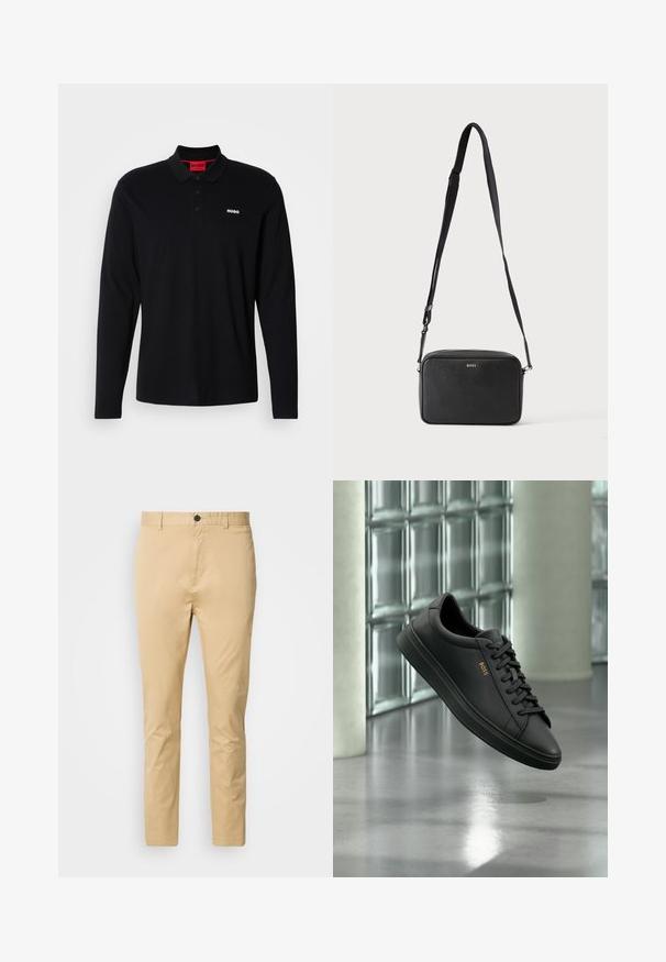 Camisa polo negra de manga larga hecha de algodón, con un cuello rojo y una tapeta de tres botones, y un logo blanco "HUGO" en el pecho.; Chinos beige de algodón con una textura suave. Incluyen un cierre de botón, pasadores para cinturón y se estrechan hacia el tobillo.; Zapatilla baja de piel negra con cordones negros y logo dorado BOSS en el lateral, flotando sobre un suelo gris brillante en un espacio interior moderno.; Bolso bandolera rectangular negro con correa ajustable y logo BOSS en la parte delantera, sobre un fondo claro liso.