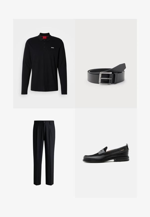 Camisa polo negra de manga larga hecha de algodón, con un cuello rojo y una tapeta de tres botones, y un logo blanco "HUGO" en el pecho.; Pantalones negros de tela suave, con un diseño de pierna recta, pliegues en la parte delantera y cierre de botón con trabillas para cinturón.; Mocasín de cuero negro con detalle de tira gris, tacón bajo y suela texturizada, con la marca "HUGO" en oro en el lateral.; Cinturón de cuero negro enrollado con hebilla metálica rectangular plateada grabada con "BOSS" sobre un fondo gris claro.