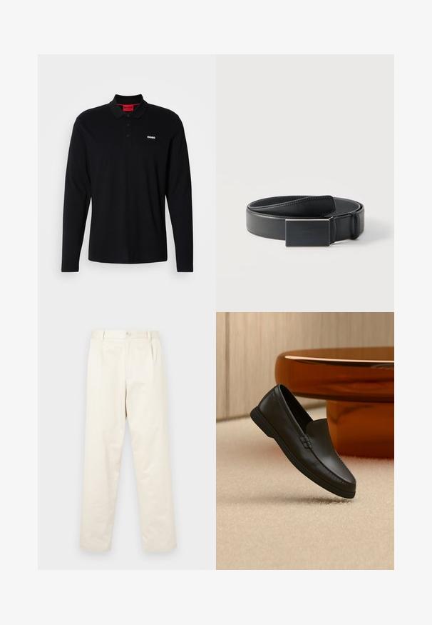 Schwarzes Longsleeve-Polohemd aus Baumwolle mit rotem Kragen und Drei-Knopf-Leiste, ausgestattet mit einem weißen "HUGO"-Logo auf der Brust.; Helle beige Baumwoll-Chinos mit geradem Bein, ausgestattet mit einem Knopfverschluss und zwei seitlichen Taschen. Glatte Textur ohne sichtbare Muster.; Schwarzer Leder-Slipper auf beigefarbenem Teppich neben einem gebogenen bernsteinfarbenen Glastisch in einem neutral gestalteten Raum.; Schwarzer Ledergürtel, aufgerollt mit einer rechteckigen mattschwarzen Schnalle und dezent geprägt mit Logo auf weißem Hintergrund.