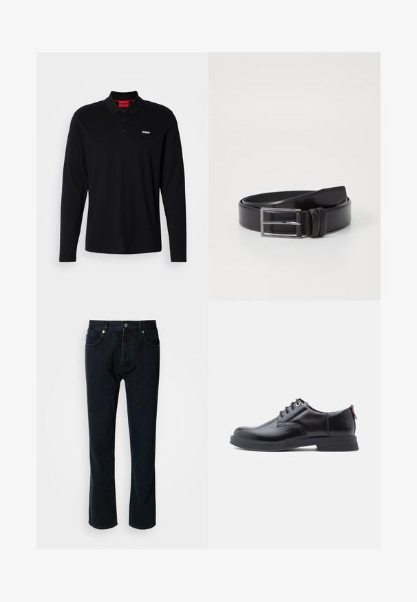 Schwarzes Longsleeve-Polohemd aus Baumwolle mit rotem Kragen und Drei-Knopf-Leiste, ausgestattet mit einem weißen "HUGO"-Logo auf der Brust.; HUGO JONAH - Jeans Straight Leg - dark blue; Schwarze Leder-Schnürschuhe mit glatter Textur, rundem Zehenbereich und dezenten Ziernähten. Mit einem roten Laschenband an der Ferse.; Schwarzer Leder-Gürtel mit glatter Textur, ausgestattet mit einer silbernen rechteckigen Schnalle und doppeltem Zinken-Detail. Klassisches und vielseitiges Design.