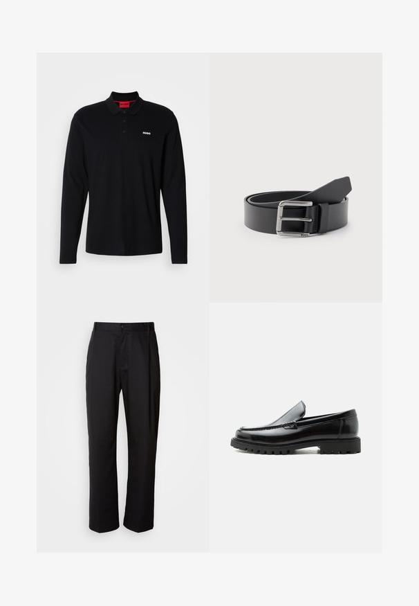 Schwarzes Longsleeve-Polohemd aus Baumwolle mit rotem Kragen und Drei-Knopf-Leiste, ausgestattet mit einem weißen "HUGO"-Logo auf der Brust.; Schwarze Hosen mit geradem Schnitt, aus leichtem Stoff gefertigt. Verfügt über einen vorderen Knopfverschluss und zwei seitliche Taschen; glatte Textur.; Schwarzer Lederloafer mit grober Gummisohle, genähter Oberseite und geprägtem Markennamen an der Ferse, seitlich auf weißem Hintergrund gezeigt.; Schwarzer Ledergürtel, zusammengerollt mit silberner rechteckiger Metallschnalle, auf der "BOSS" eingraviert ist, vor hellem grauem Hintergrund.