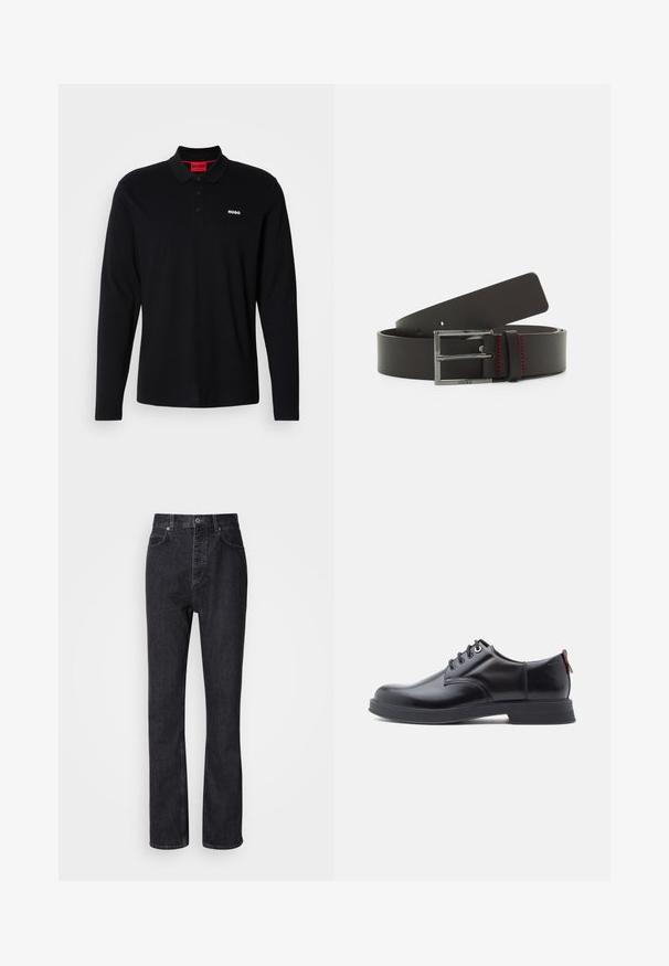 Sort langærmet polo skjorte lavet af bomuld, med en rød krave og tre-knap lukning, samt et hvidt "HUGO" logo på brystet.; Høj talje sorte denim jeans med knap- og lynlåsåbning, for- og baglommer samt lige ben.; Sorte snørestøvler i læder med glat tekstur, rundet tå og diskrete syningsdetaljer. Har en rød trækflig på hælen.; Sort læderbælte med en rektangulær sølvspænde, prydet med rød syning, og en glat overflade. Længden kan justeres med flere huller.