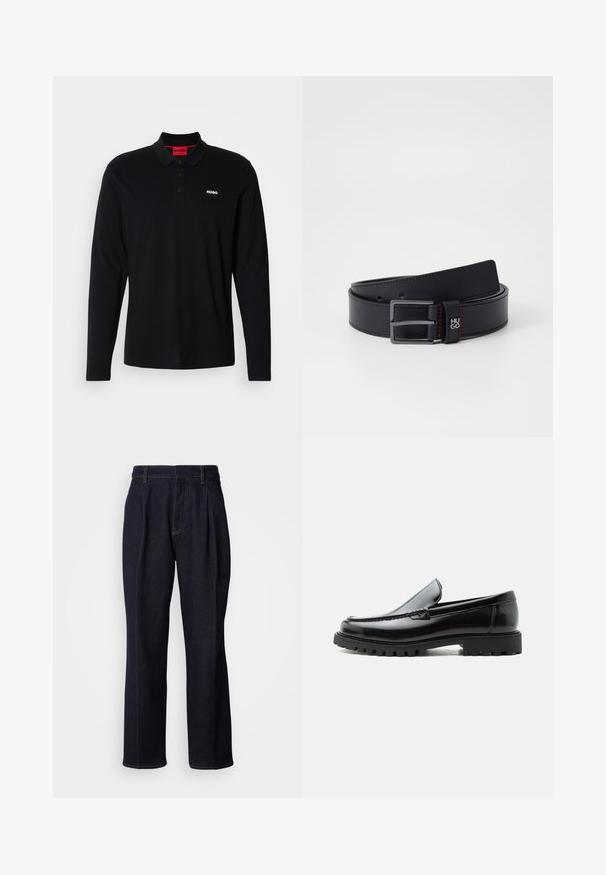 Camisa polo negra de manga larga hecha de algodón, con un cuello rojo y una tapeta de tres botones, y un logo blanco "HUGO" en el pecho.; Jeans de mezclilla de pierna ancha en un tono azul oscuro, con pliegues frontales y costuras naranjas, presentados sobre fondo blanco.; Mocasín de cuero negro con suela de goma gruesa, empeine cosido y nombre de la marca en relieve en el talón, mostrado en perfil lateral sobre fondo blanco.; Cinturón de cuero negro con un acabado suave, hebilla de metal y detalle de costura roja. Presenta un logotipo cerca de la hebilla y múltiples agujeros de ajuste.