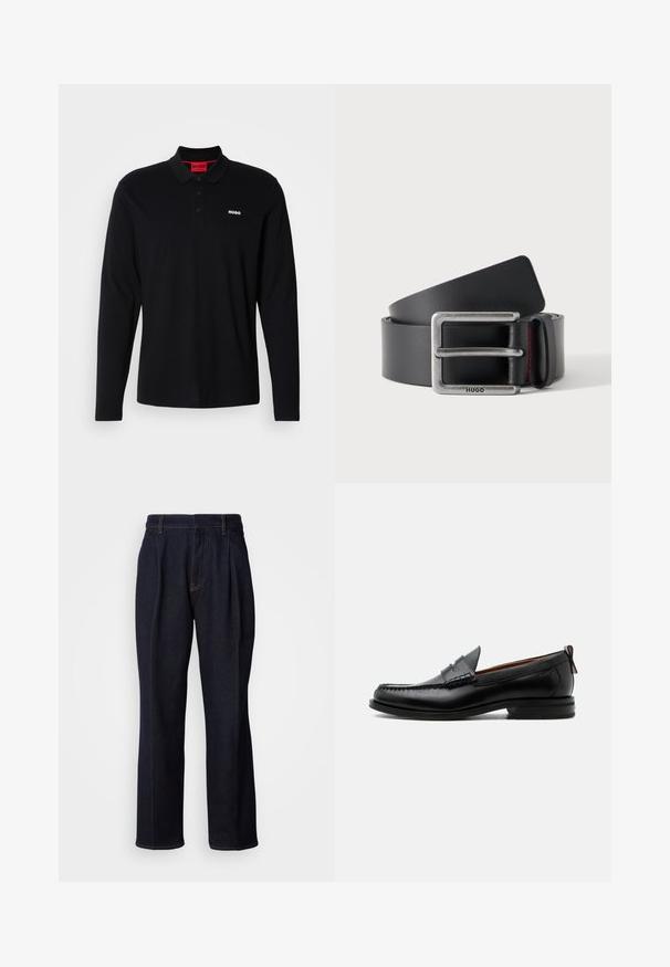 Schwarzes Longsleeve-Polohemd aus Baumwolle mit rotem Kragen und Drei-Knopf-Leiste, ausgestattet mit einem weißen "HUGO"-Logo auf der Brust.; Dunkelblaue weit geschnittene Jeans mit vorderen Falten und orangen Nähten, auf weißem Hintergrund gezeigt.; Schwarzer Leder-Herrenschuh mit Mokassinnaht, Penny-Riemen, strukturiertem Kragen und niedrigem gestapeltem Absatz auf weißem Hintergrund.; Schwarzer Ledergürtel, zusammengerollt mit einer rechteckigen silbernen Schnalle, graviert mit „HUGO“ und einer Lederschlaufe mit roter Naht.
