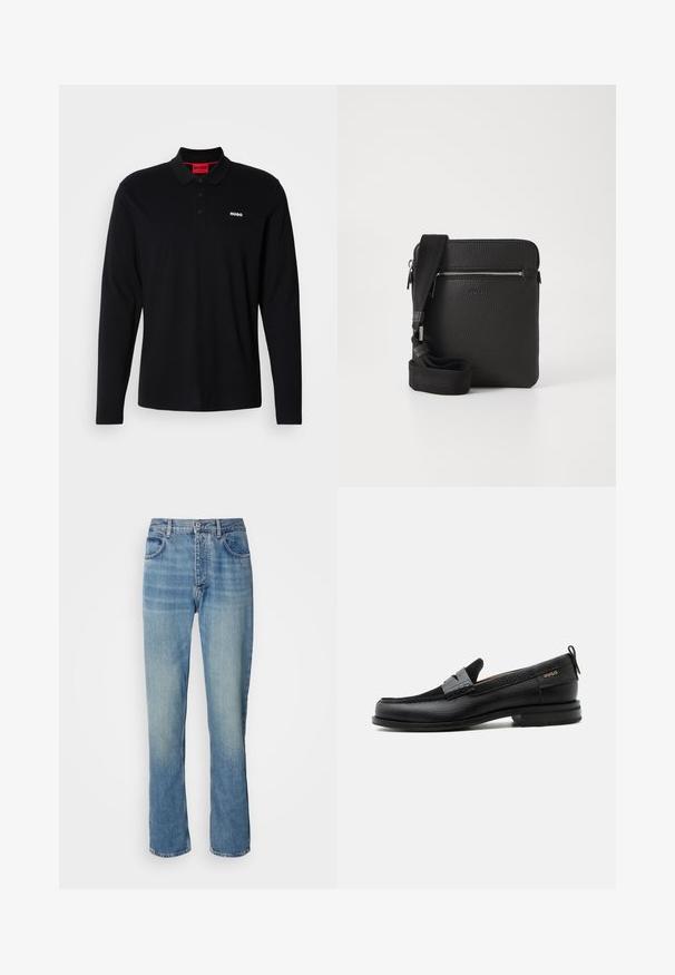 Sort langærmet polo skjorte lavet af bomuld, med en rød krave og tre-knap lukning, samt et hvidt "HUGO" logo på brystet.; Lyseblå straight-leg denim jeans med høj talje, frontknap, lynlås lukning og fem-lomme design.; Sort læderloafer med grå remdetalje, lav hæl og tekstureret sål, mærket med "HUGO" i guld på siden.; Sort læder crossbody taske med en tekstureret overflade, lynlåslomme foran og en justerbar stofrem. Enkel firkantet design.