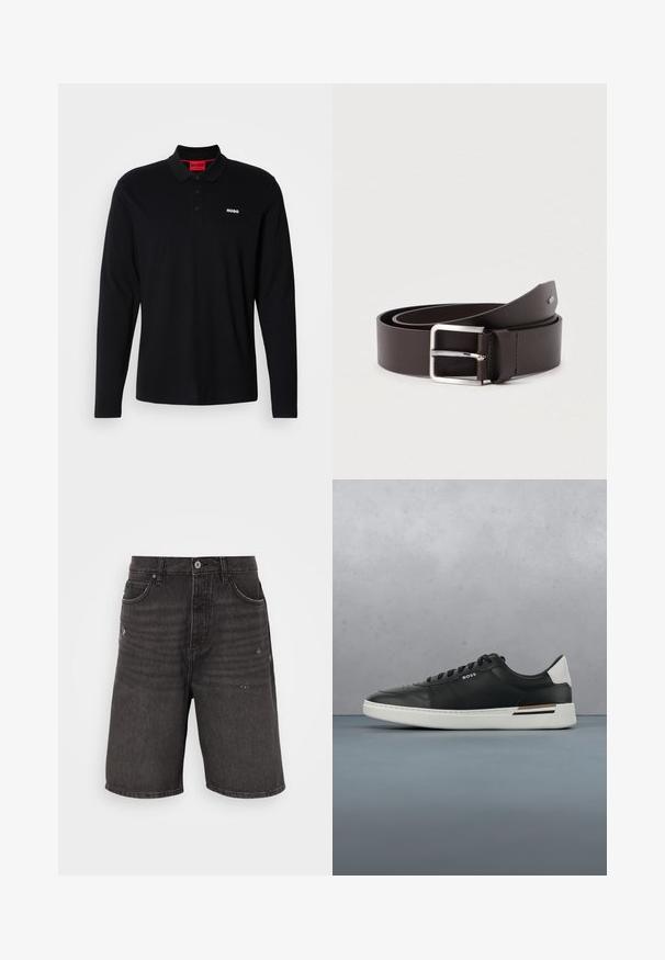Zwarte lange mouwen polo shirt van katoen, met een rode kraag en een drieknoopsluiting, voorzien van een wit "HUGO" logo op de borst.; Zwarte denimshorts met een ontspannen pasvorm, voorzien van frontzakken, een verouderde textuur en een klassieke tailleband met een enkele knoopsluiting.; Zwarte leren sneaker met witte zool, voorzien van perforaties, vetersluiting, logo aan de zijkant en contrasterend hieldetail in wit en bruin.; Bruine leren riem met een gladde afwerking, voorzien van een rechthoekige zilverkleurige metalen gesp en contrasterende stikseldetails.