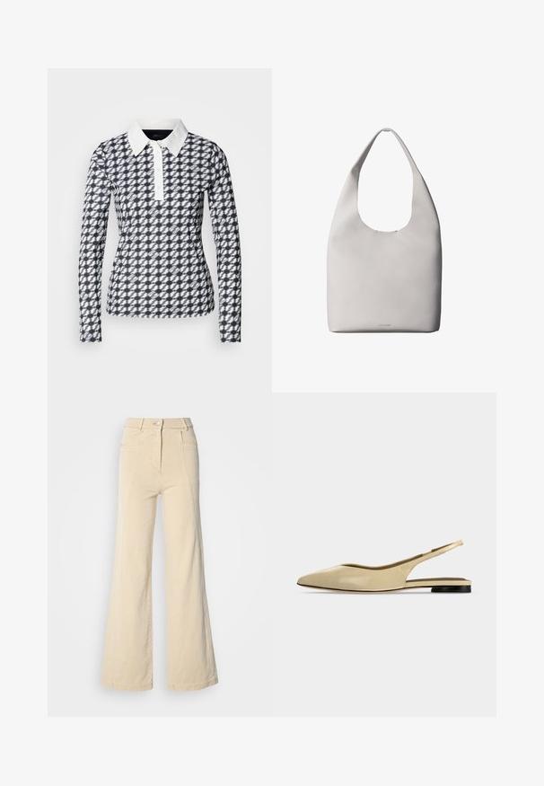 Polo à manches longues avec un motif pied-de-poule en bleu marine et blanc. Il est doté d'un col blanc et d'une patte de boutonnage, fabriqué dans un tissu lisse.; Jeans beige à jambes larges avec taille haute, poches avant, et couture contrastée, dotés d'une fermeture à bouton et d'une texture en coton lisse.; Chaussure plate beige à bout pointu avec bride arrière, petit talon noir et finition en cuir lisse, vue de côté sur un fond uni.; Sac fourre-tout en cuir blanc avec une bandoulière unique, texture douce et logo discret Calvin Klein près du centre en bas.