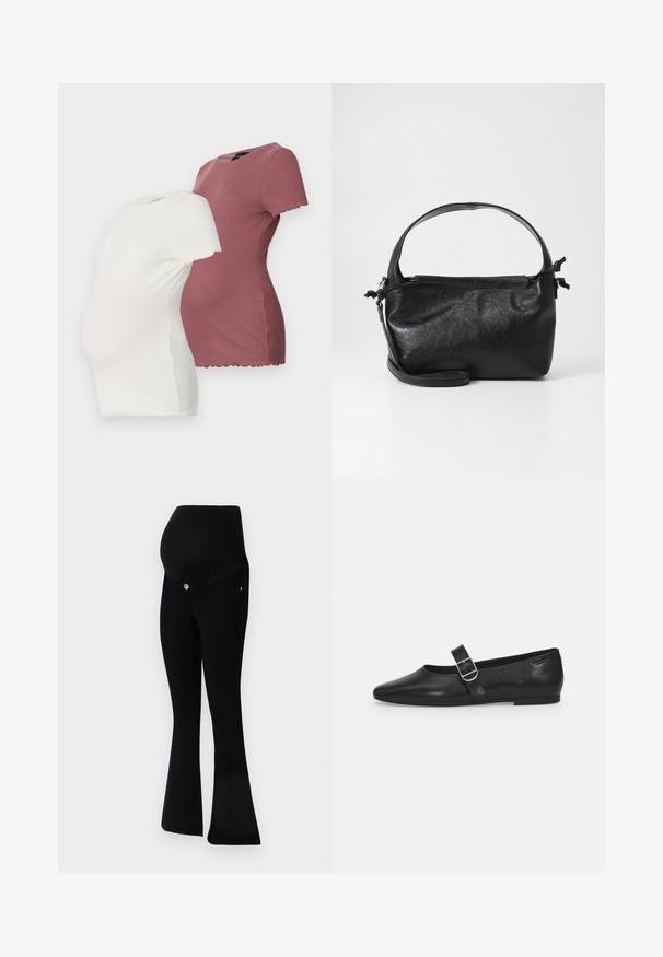 Deux t-shirts de maternité en blanc et bordeaux, dotés de manches courtes, d'un col rond et de détails en ourlet festonné.; Jeans de maternité noirs avec un design à jambes évasées, en tissu doux, une taille haute pour un bon maintien et une fermeture à bouton à l'avant.; Chaussure plate en cuir noir avec un bout arrondi, une seule sangle réglable à boucle et une texture lisse et brillante. Design minimaliste avec un petit talon.; Sac à main en cuir noir au design structuré, avec une poignée arrondie et une bandoulière amovible. Présente une texture lisse et un éclat subtil.